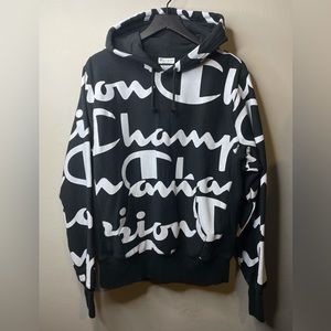 Champion Reverse Weave Full Big Print Hoodie Sz M Pullover Sweater Black Classic
